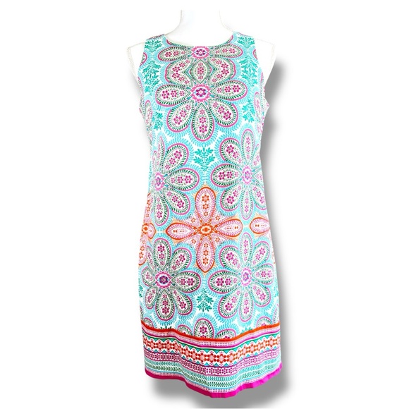 London Times Dresses & Skirts - London Times Sleeveless Shift Dress Multicolor Boho Medallion Print‎ Size 6